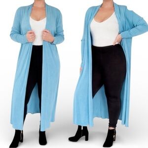 Roman’s baby blue full length open drape style duster cardigan size 14/16